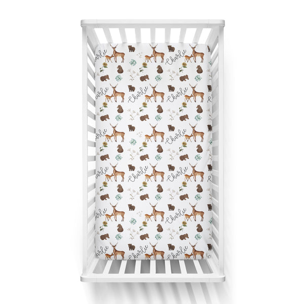 Personalized Name Crib Sheet-  DARLING FOREST ANIMALS - Dotboxed