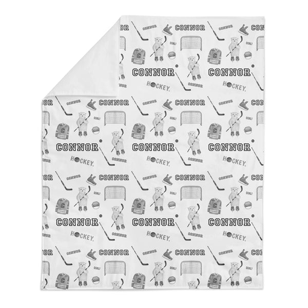 Personalized Name Minky Blanket -  HOCKEY BEARS BLACK AND WHITE - Dotboxed