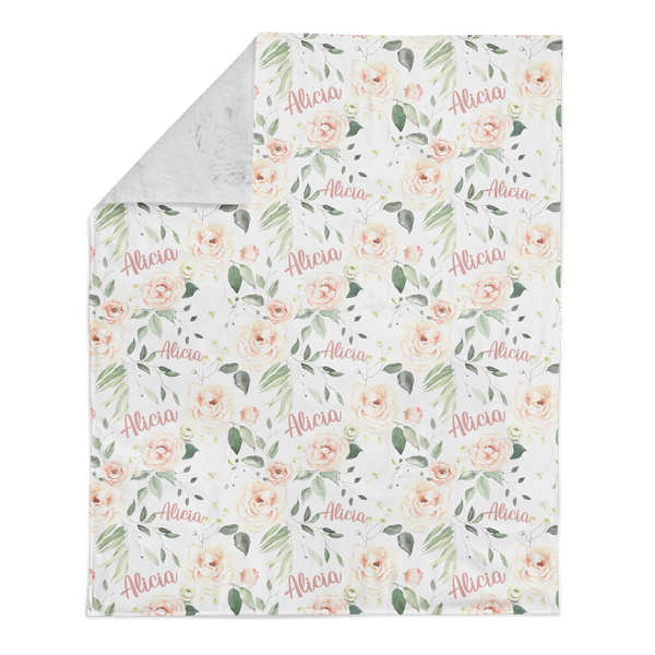 Personalized Name Minky Blanket - DELICATE BLUSH ROSES