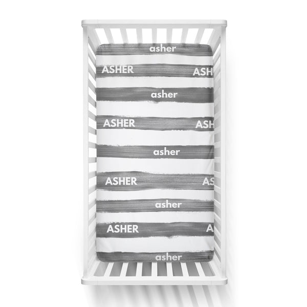 Personalized Name Crib Sheet-  LARGE CHARCOAL STRIPES - Dotboxed
